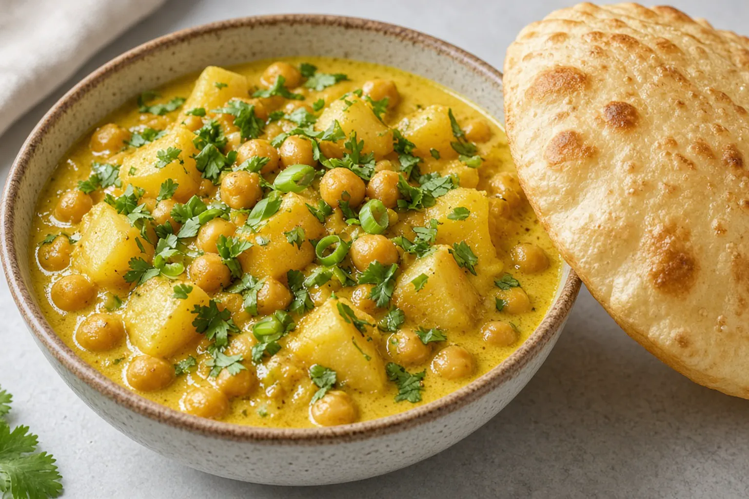 Illustrative photo of Curried Chickpeas and Potatoes with Fried Flatbread