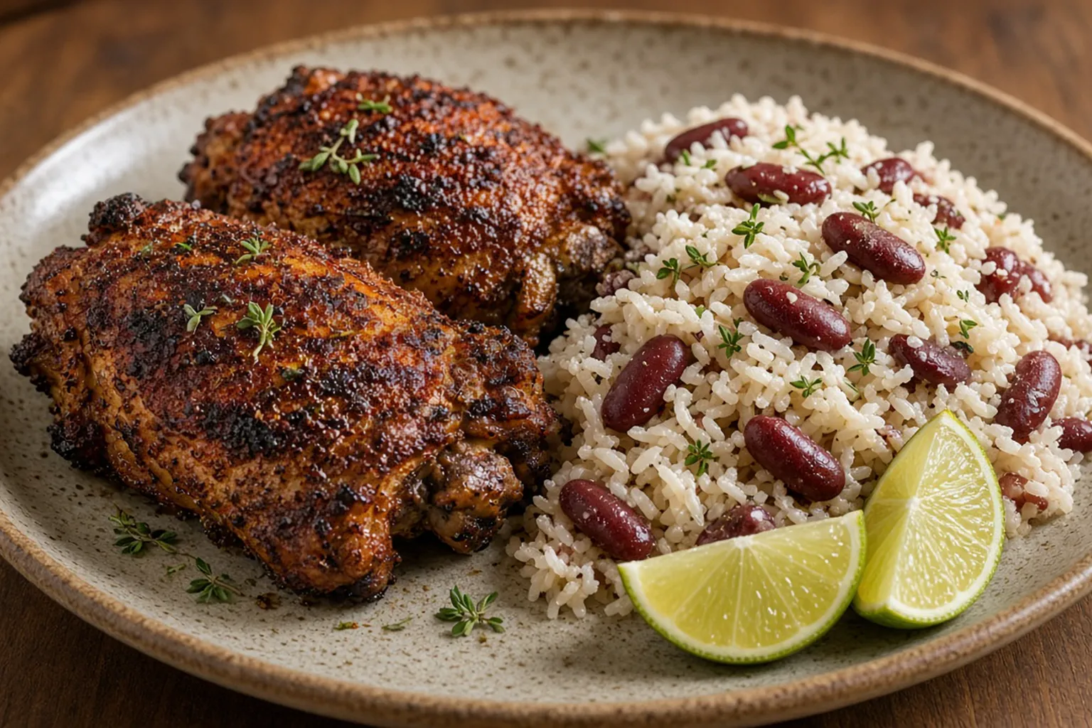 Illustrative photo of Oven Jerk Chicken Thighs with Rice and Peas