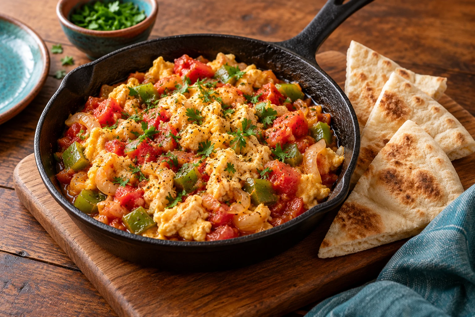 Tomato-Pepper Eggs with Warm Pita