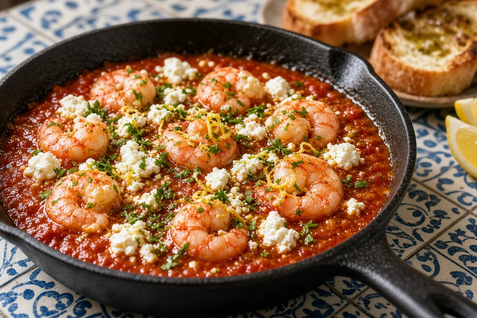 Illustrative photo of Baked Shrimp with Tomato, Feta & Crusty Bread