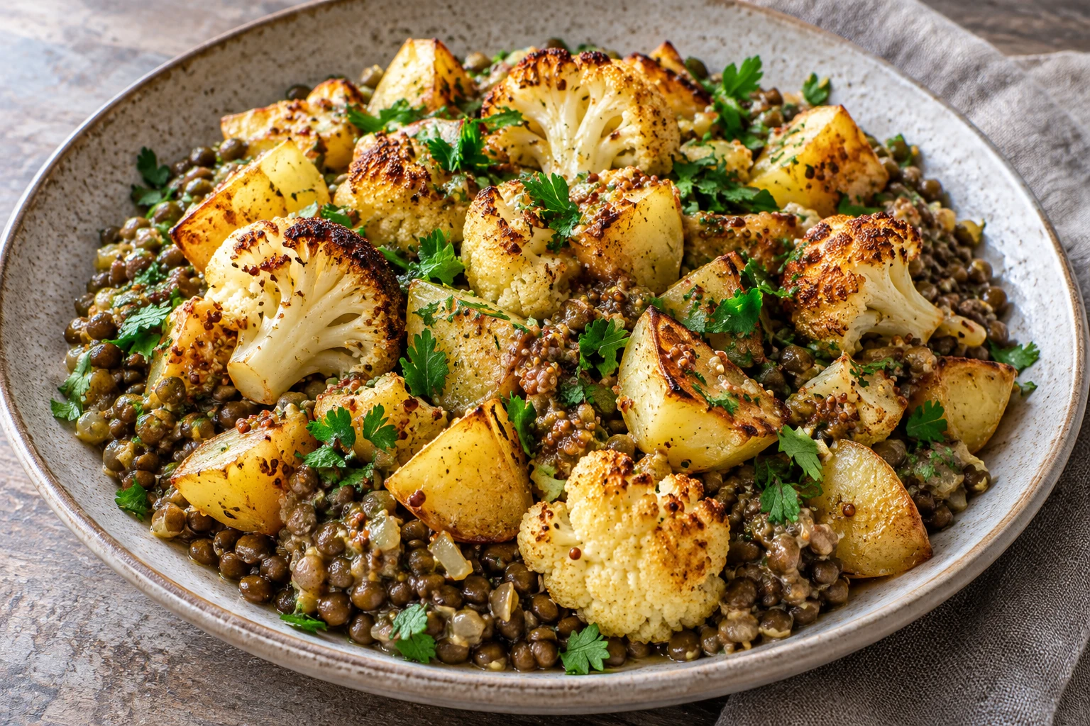 Roast Cauliflower with Mustard Lentils