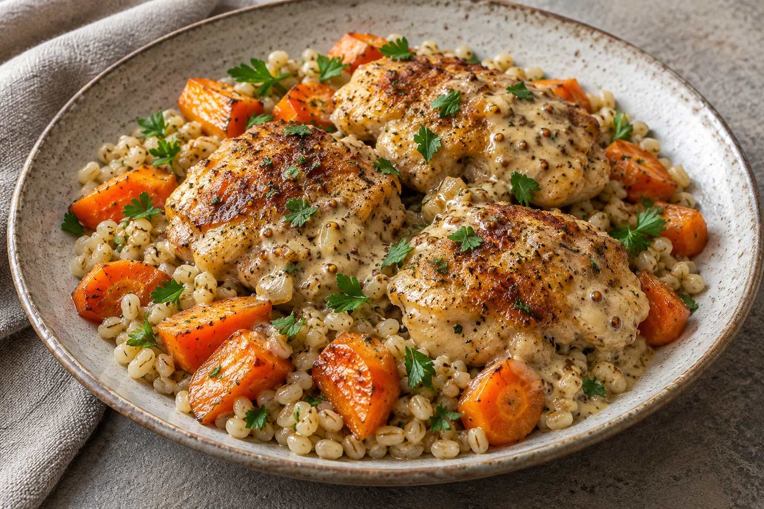 Mustard Chicken with Carrot Barley