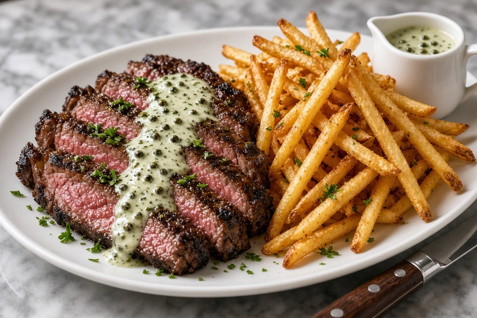 Illustrative photo of Bistro Steak Frites with Green Peppercorn Cream Sauce