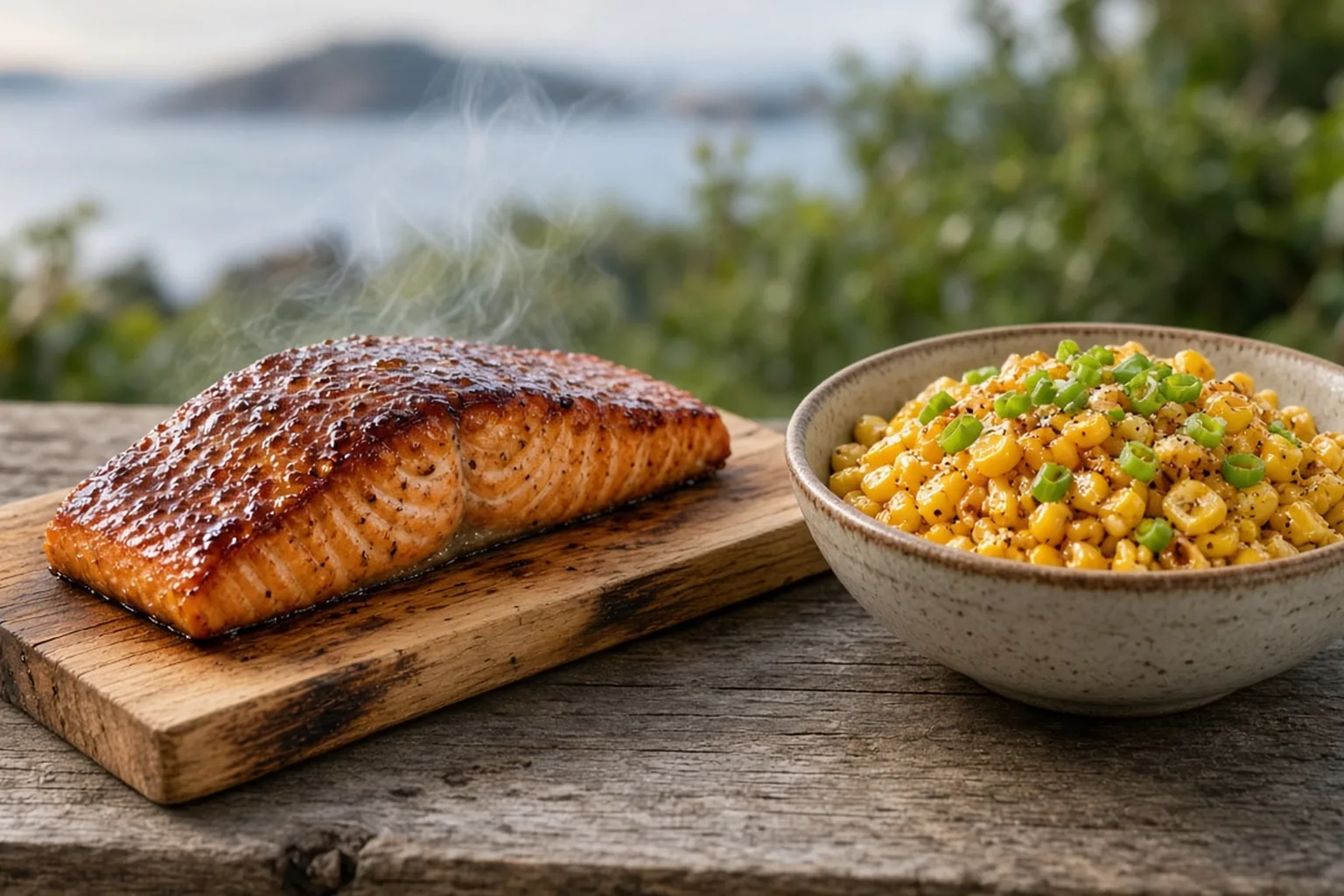 Illustrative photo of Cedar-Plank Maple-Mustard Salmon with Brown Butter Corn
