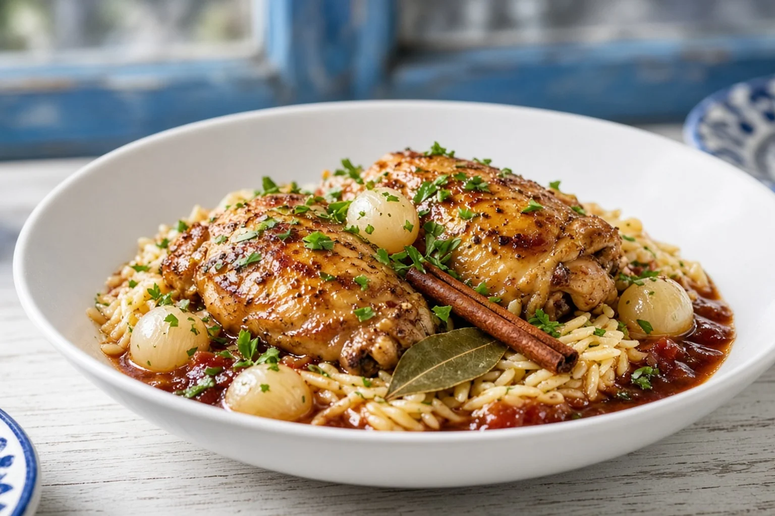 Illustrative photo of Chicken Stifado with Pearl Onions, Red Wine & Buttered Orzo