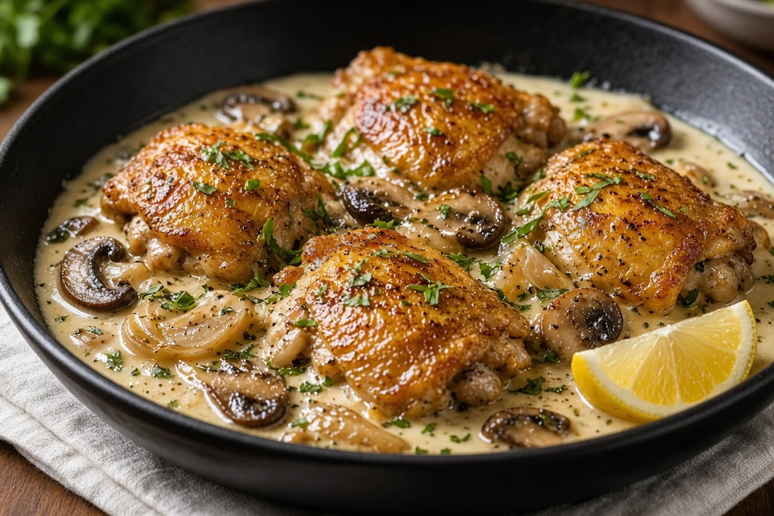 Illustrative photo of Braised Chicken in White Wine with Mushrooms & Tarragon Cream