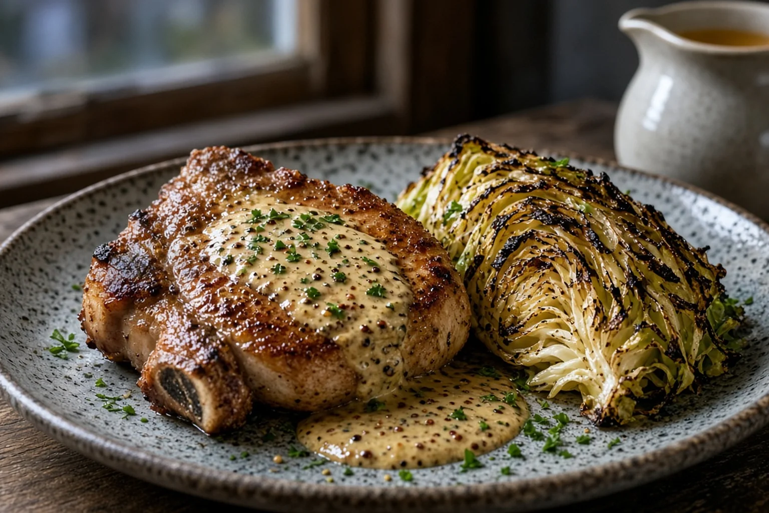Illustrative photo of Cider-Brined Pork Chop with Charred Cabbage & Grainy Mustard Pan Sauce