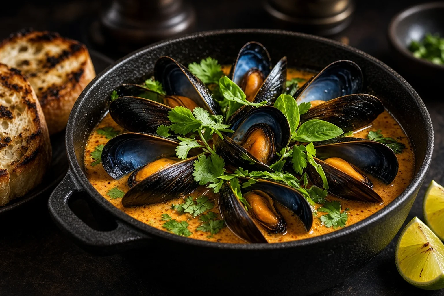Illustrative photo of Coconut-Lemongrass Mussels with Grilled Baguette