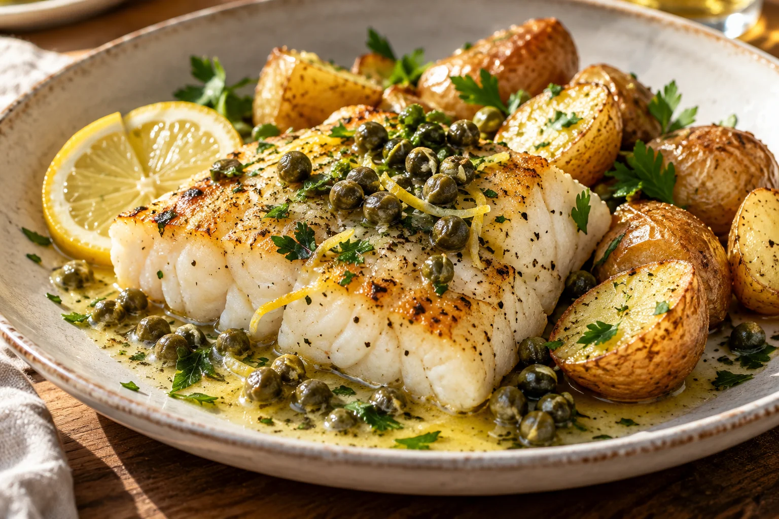 Illustrative photo of Roast cod, capers & golden potatoes