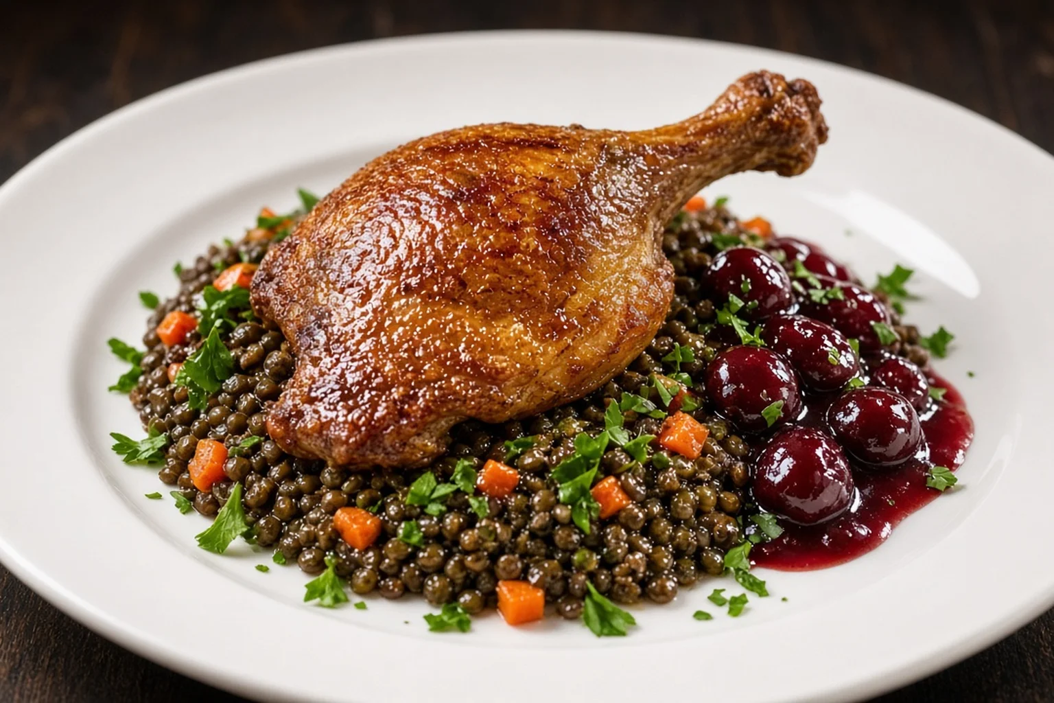 Illustrative photo of Crisp Roast Duck Legs with Green Lentils & Cherry-Red Wine Sauce