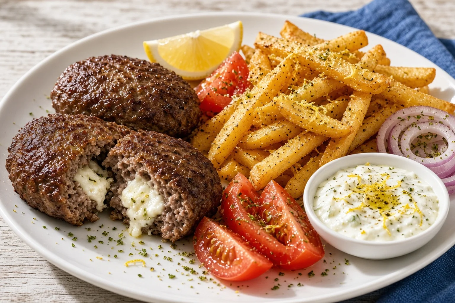 Illustrative photo of Feta-Stuffed Bifteki with Oregano Fries & Lemon Yogurt