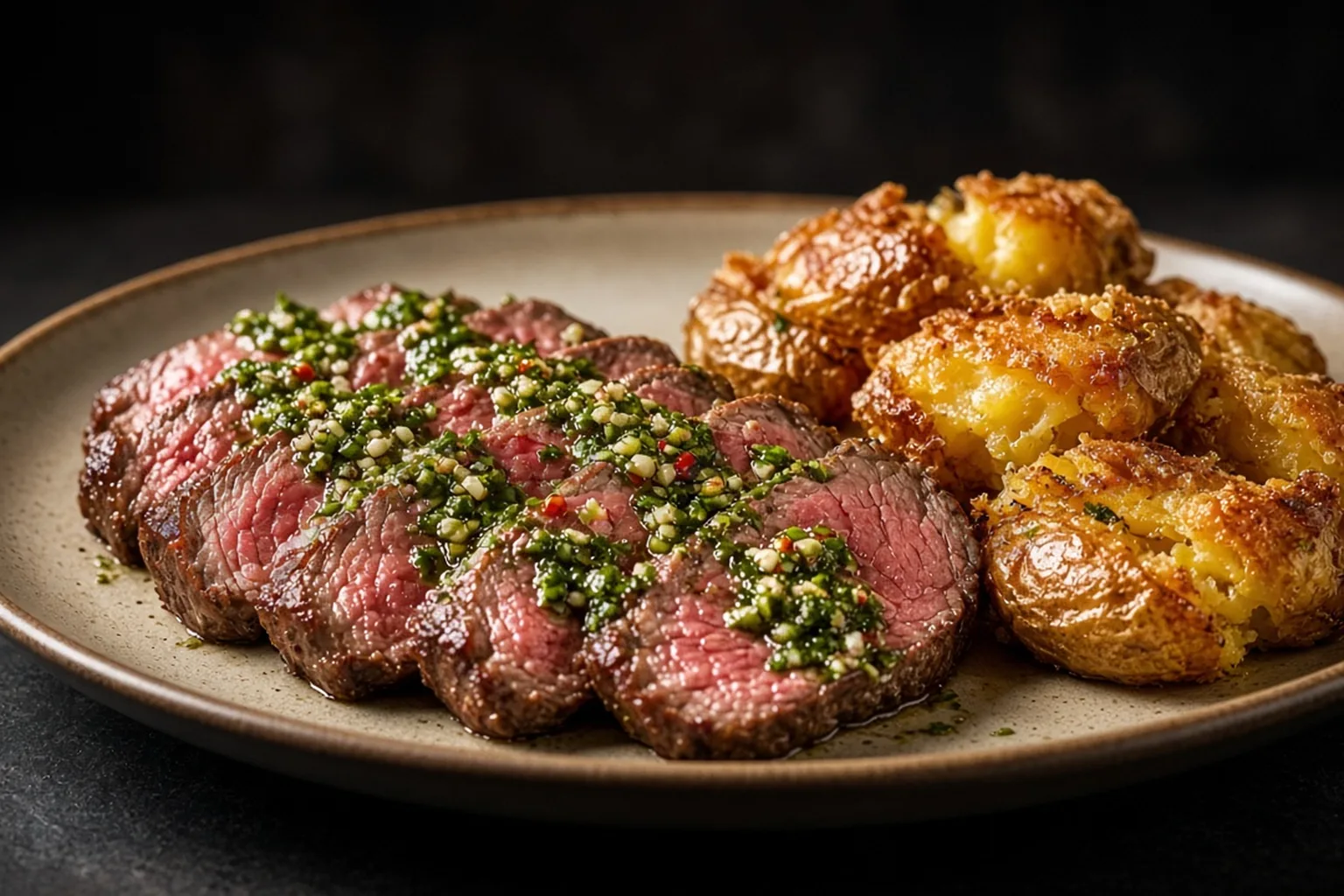 Illustrative photo of Flat Iron Steak with Green Chimichurri & Crispy Smashed Potatoes
