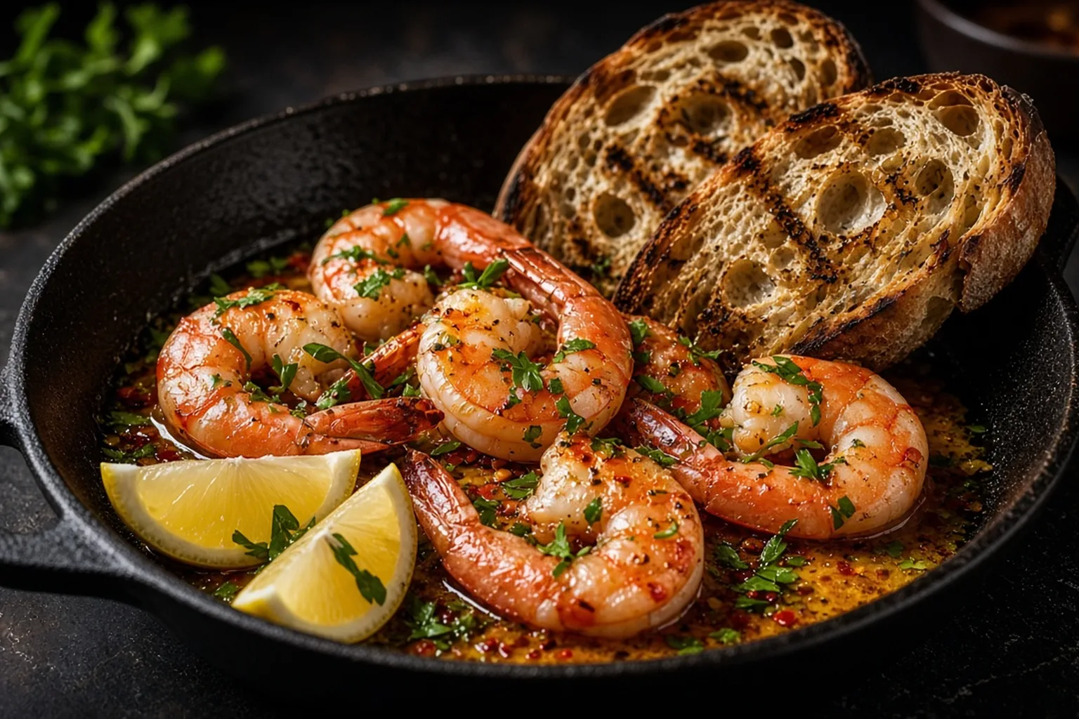 Illustrative photo of Garlic-Chili Butter Prawns with Grilled Sourdough