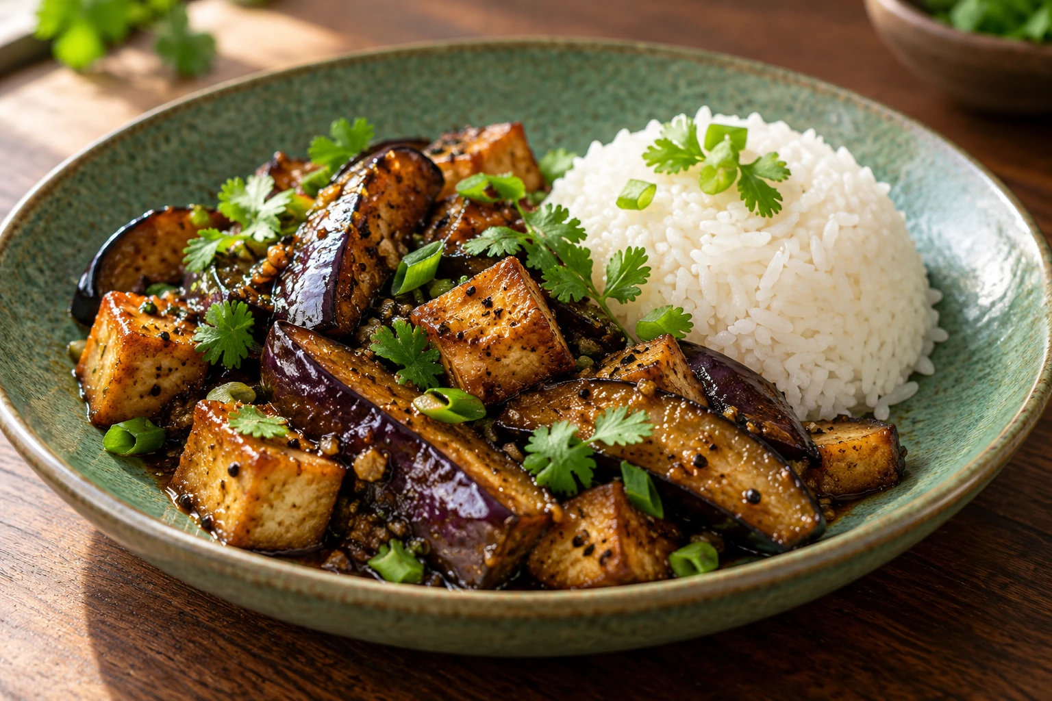 Black Pepper Eggplant and Tofu with Rice