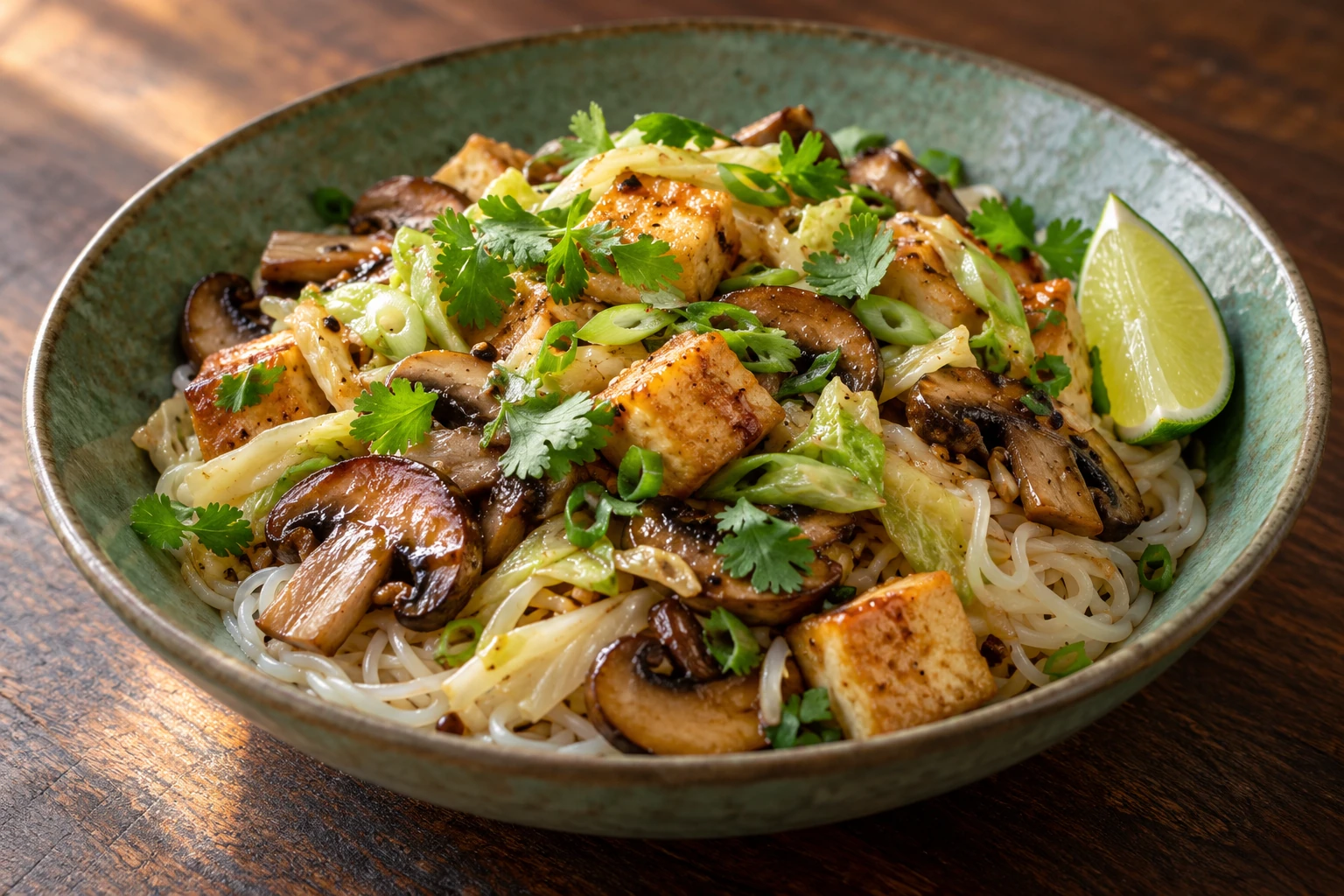 Mushroom, Tofu and Cabbage Rice Noodles