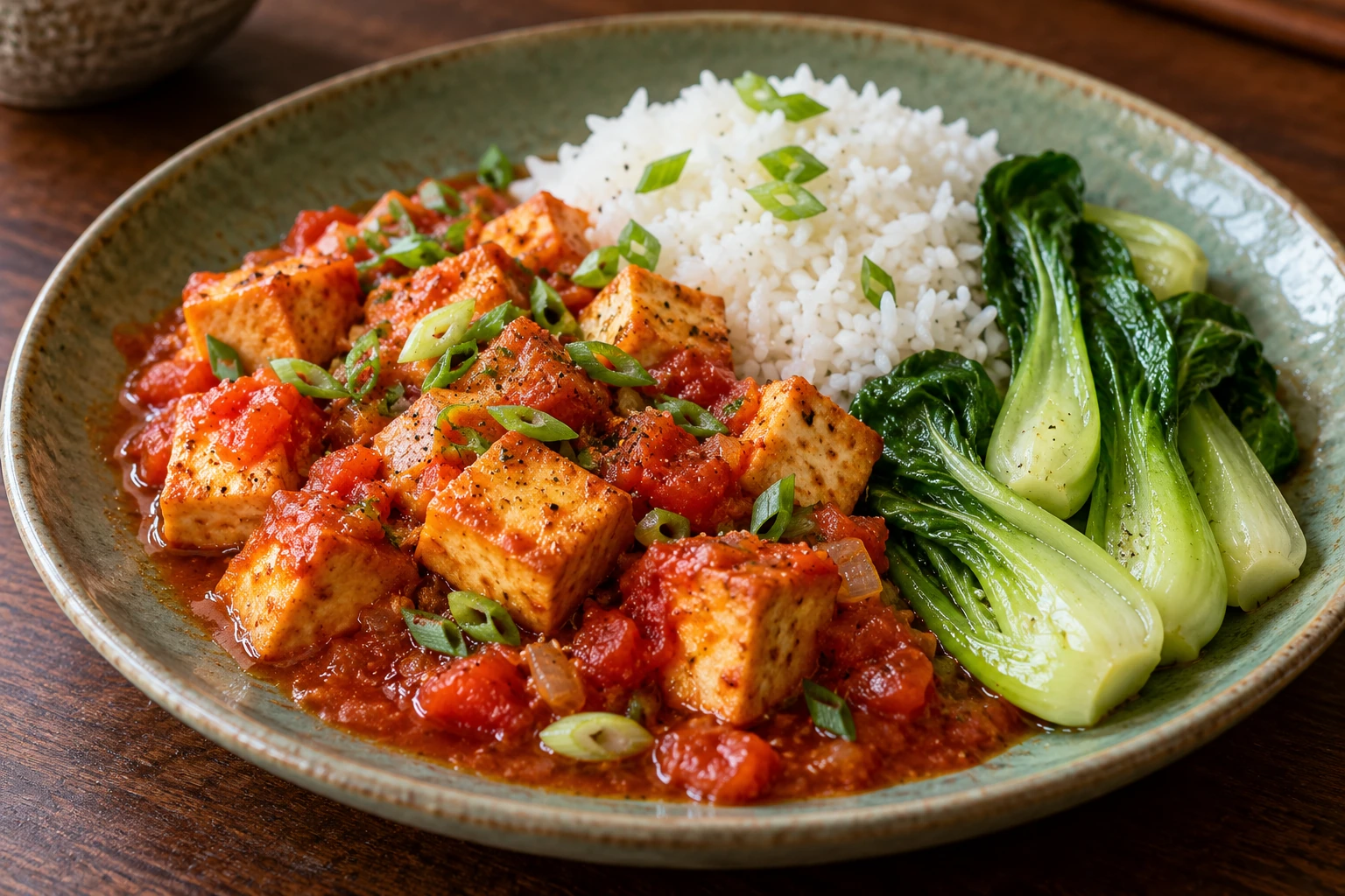 Tomato Tofu with Bok Choy and Jasmine Rice
