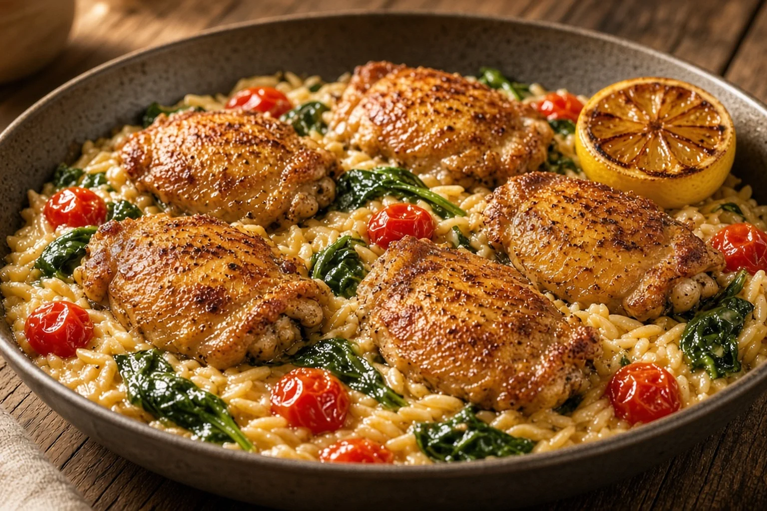 Illustrative photo of Lemon-Herb Pan-Roasted Chicken Thighs with Blistered Tomato Orzo