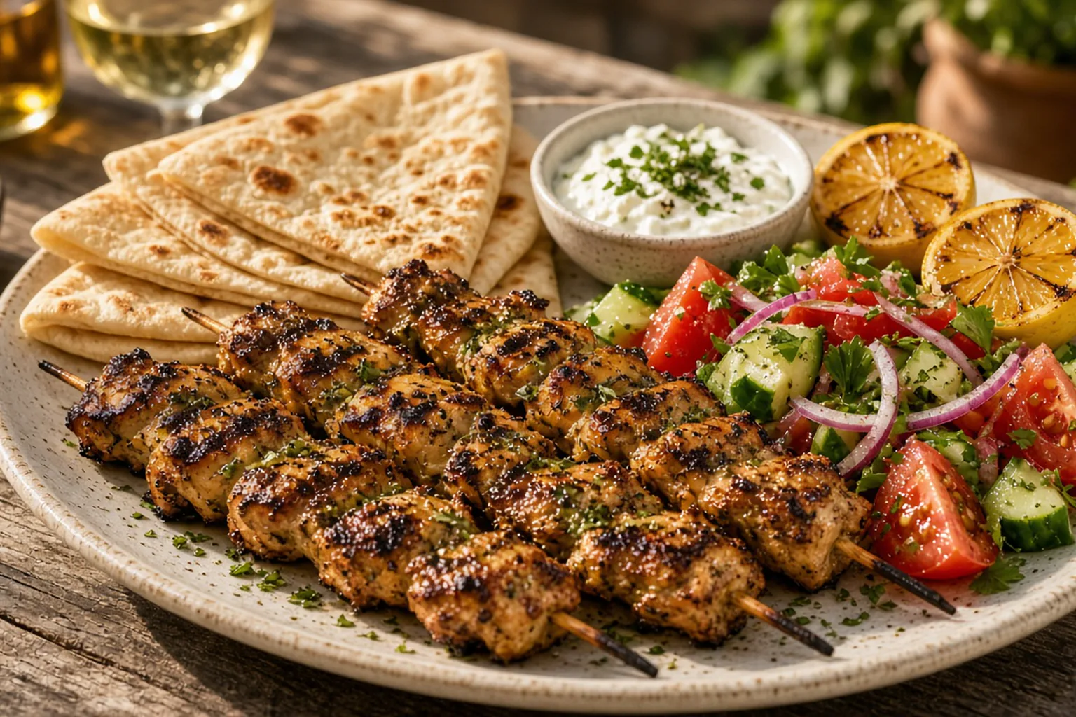 Illustrative photo of Lemon-Oregano Chicken Souvlaki with Tomato Salad & Warm Flatbread