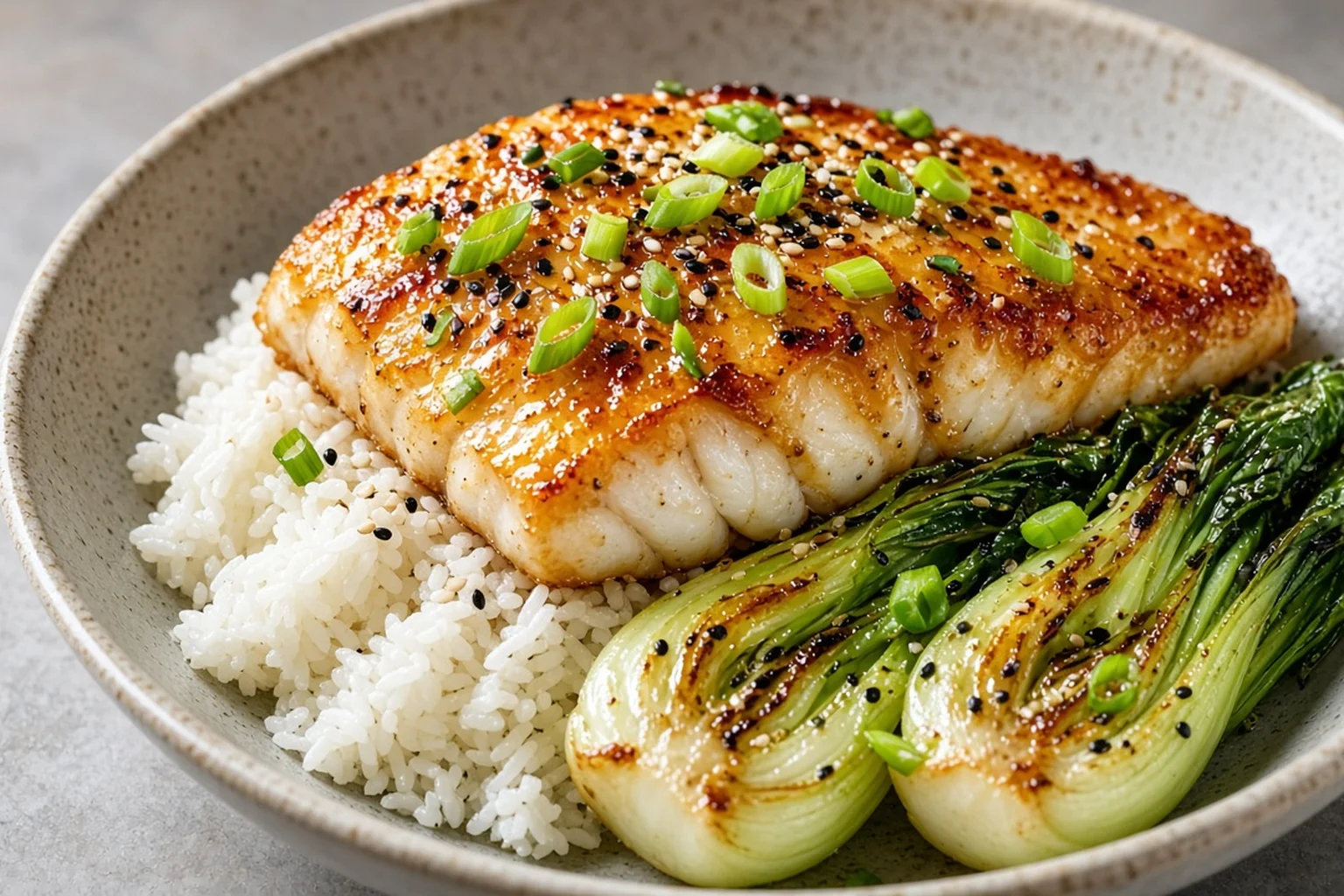 Illustrative photo of Miso-Butter Lingcod with Garlic Bok Choy & Jasmine Rice
