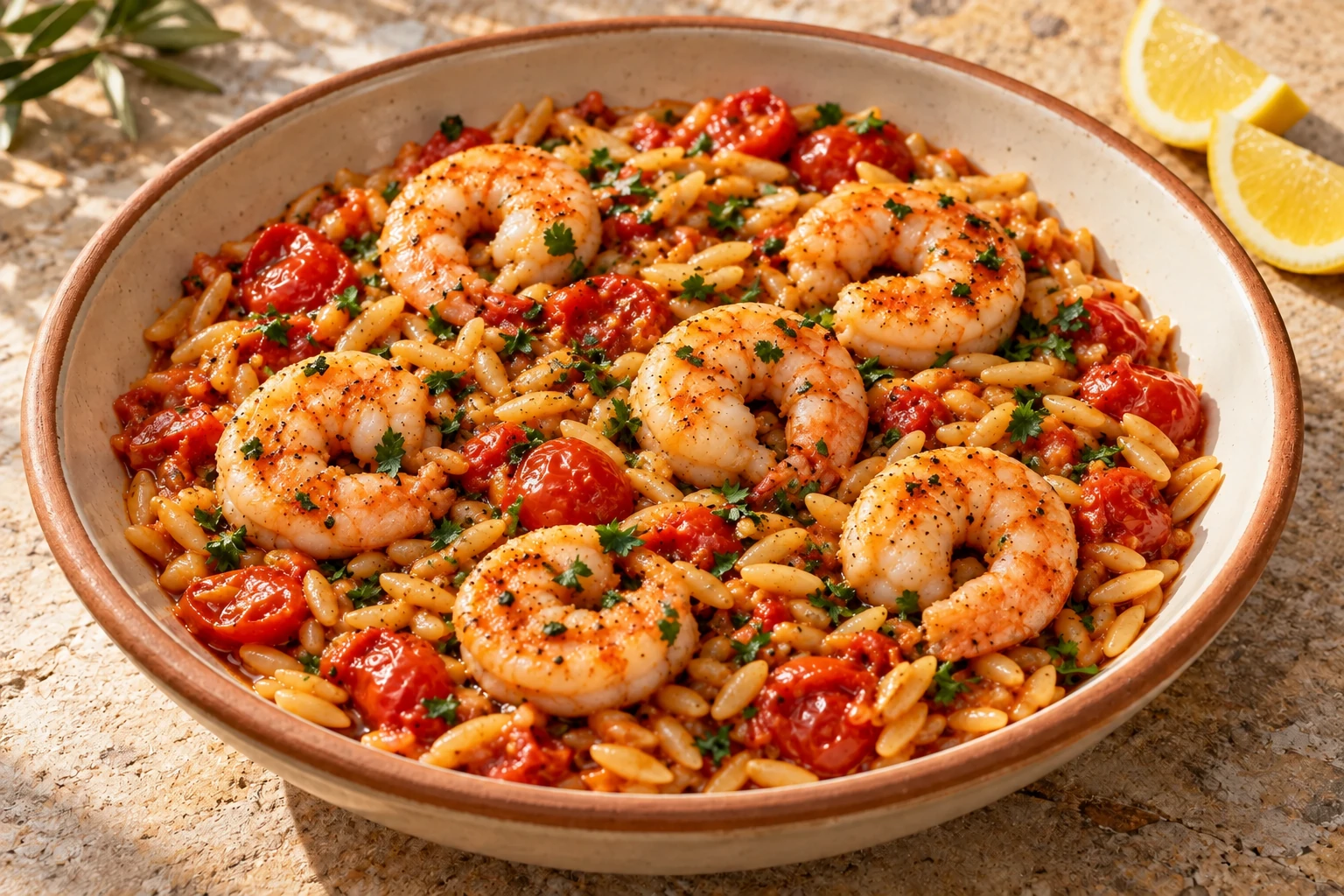 Illustrative photo of Garlic Shrimp & Tomato Orzo