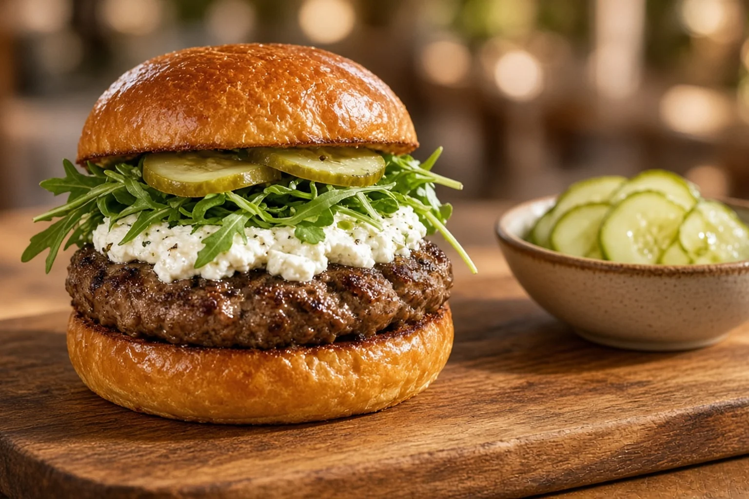 Illustrative photo of Rosemary Lamb Burger with Whipped Feta & Quick Pickles