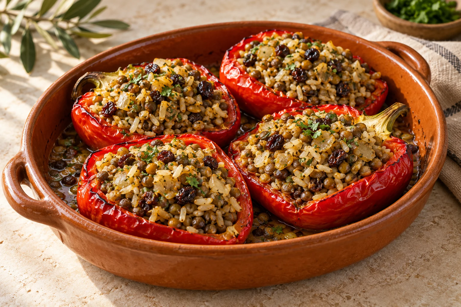 Lentil & Raisin Stuffed Peppers