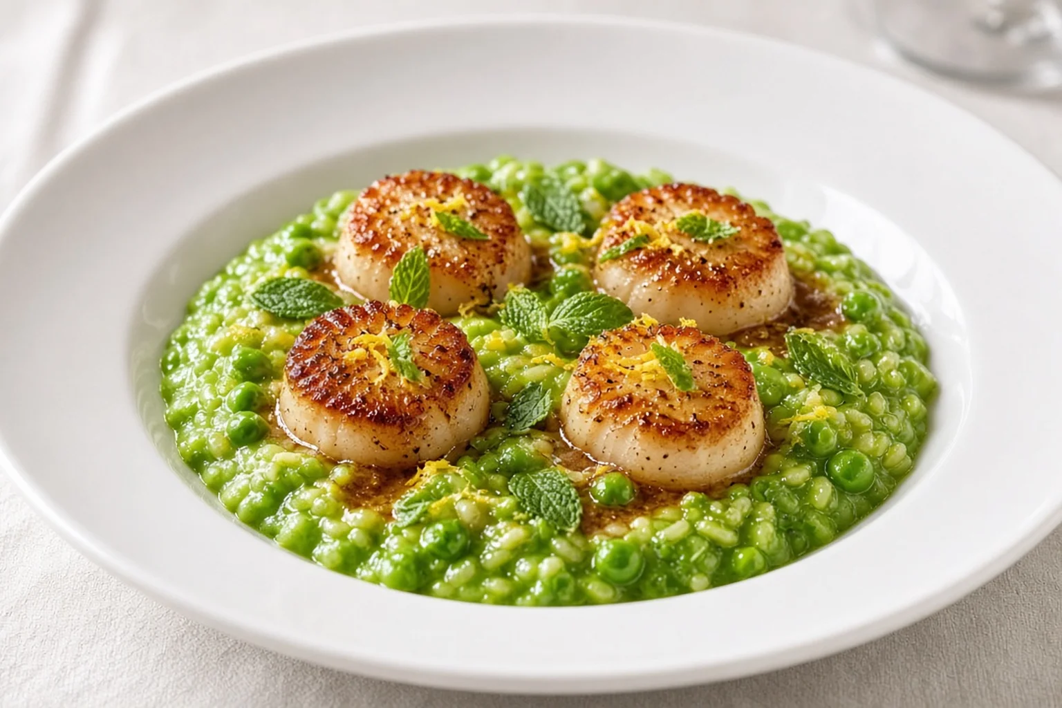 Illustrative photo of Seared Scallops with Sweet Pea & Lemon Risotto