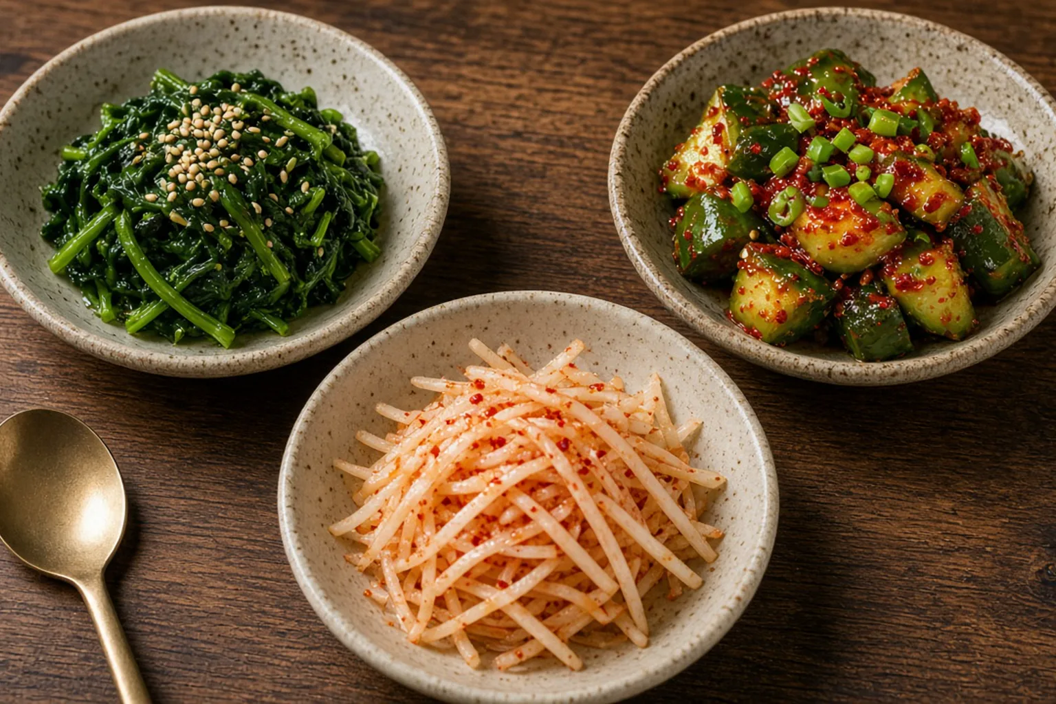 Illustrative photo of Banchan Trio: Spinach, Cucumber & Radish