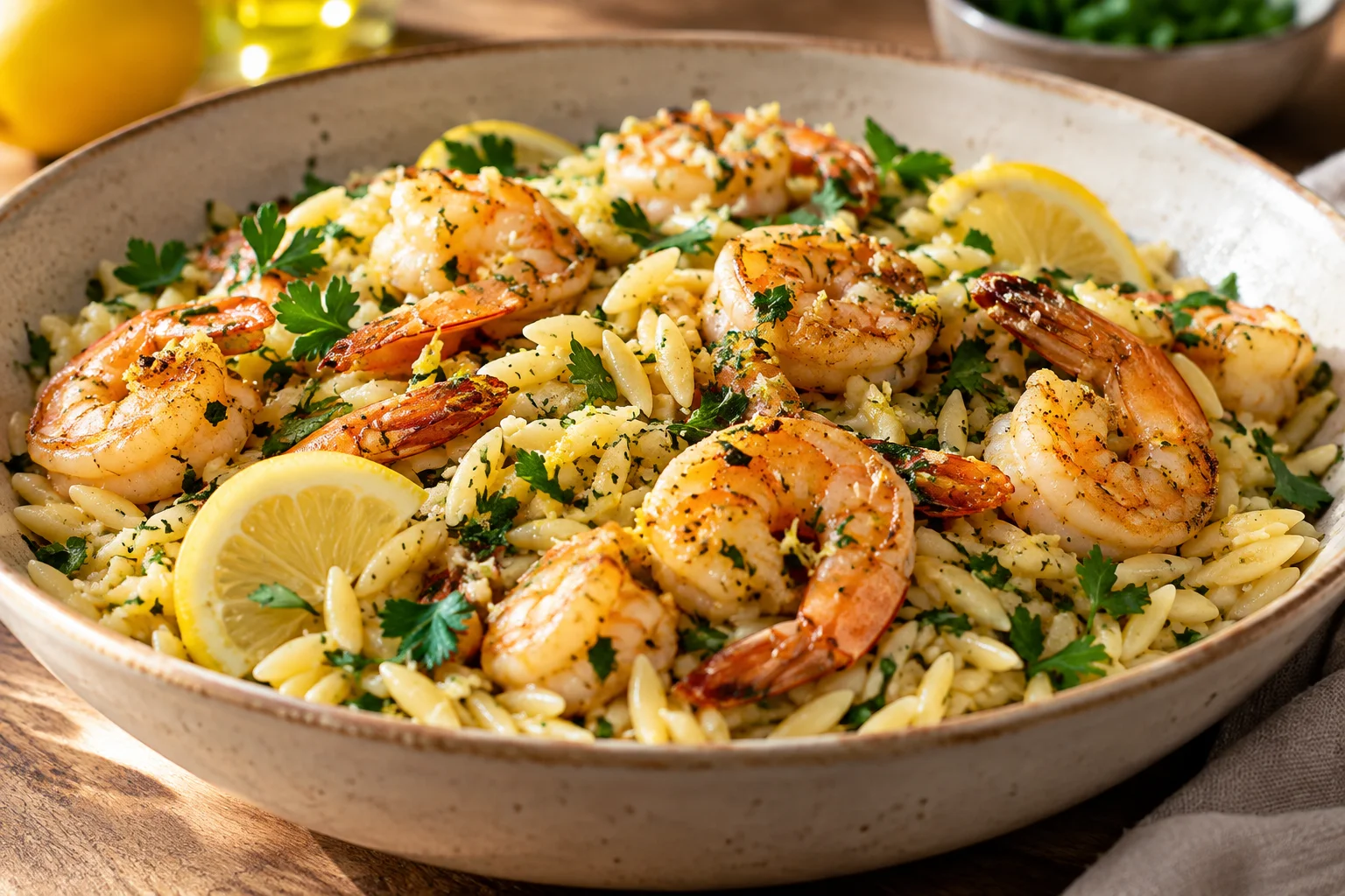 Illustrative photo of Lemon-garlic shrimp orzo