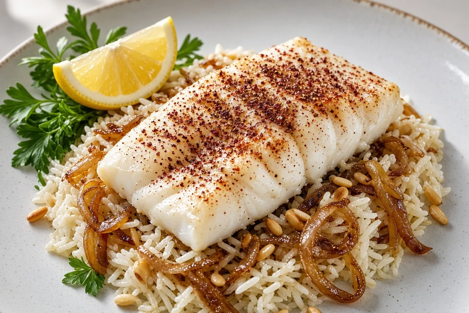 Illustrative photo of Spiced White Fish with Caramelized Onion Rice
