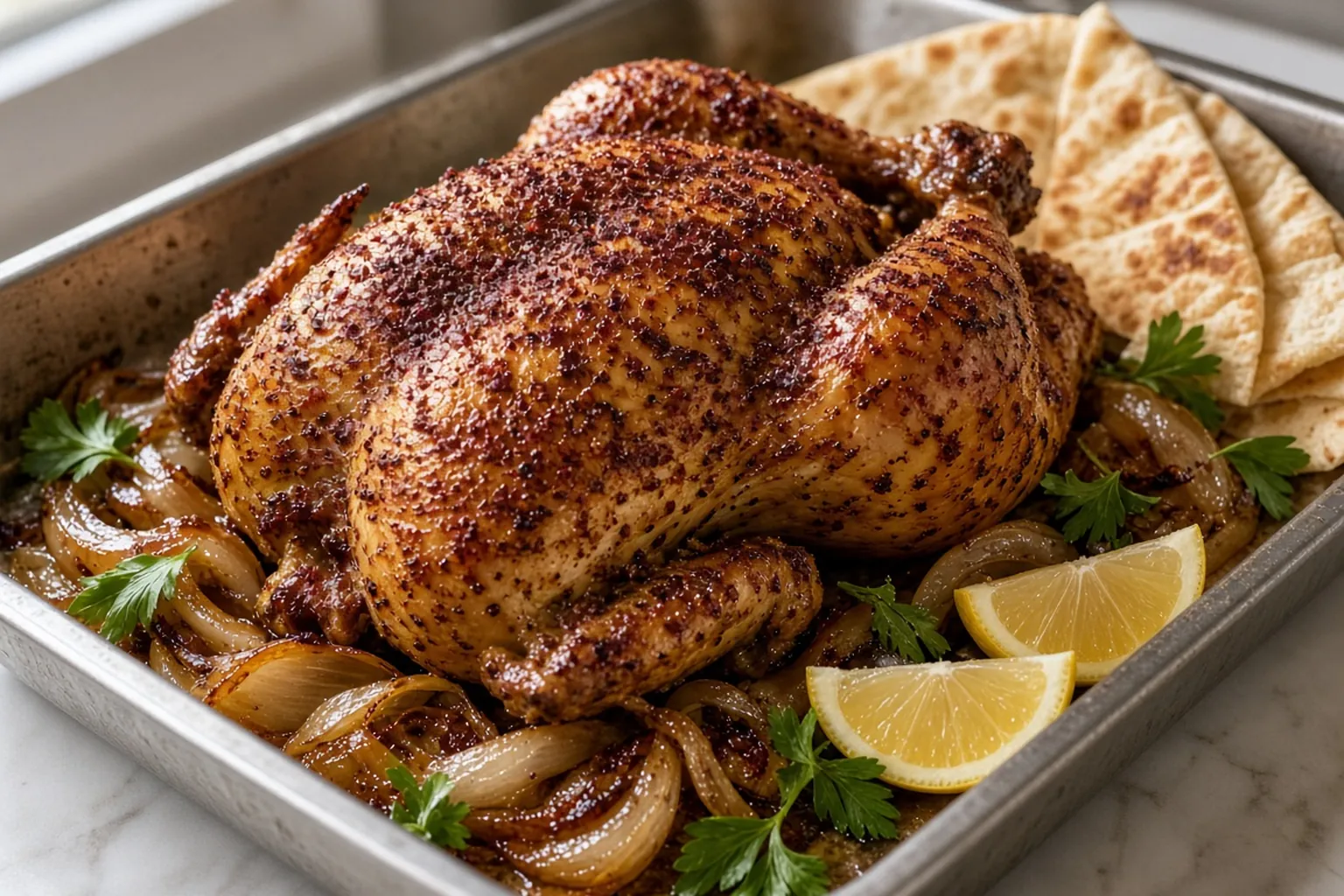 Illustrative photo of Sumac Roast Chicken with Onions and Flatbread