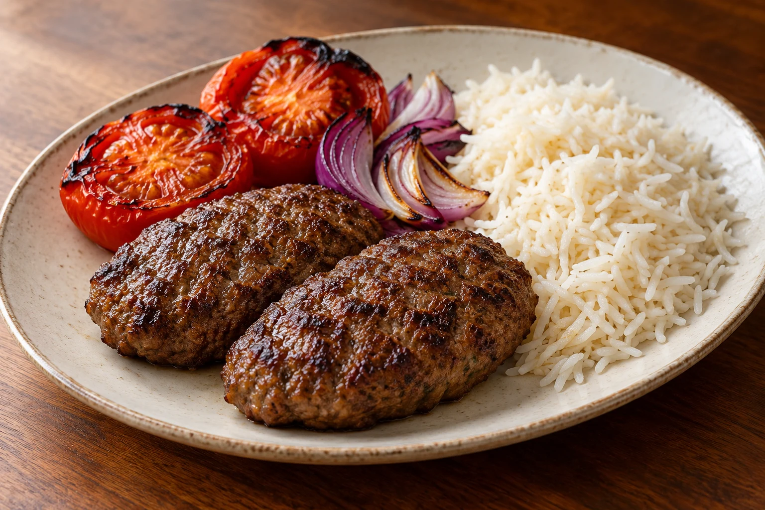Onion Beef Patties with Tomatoes & Rice