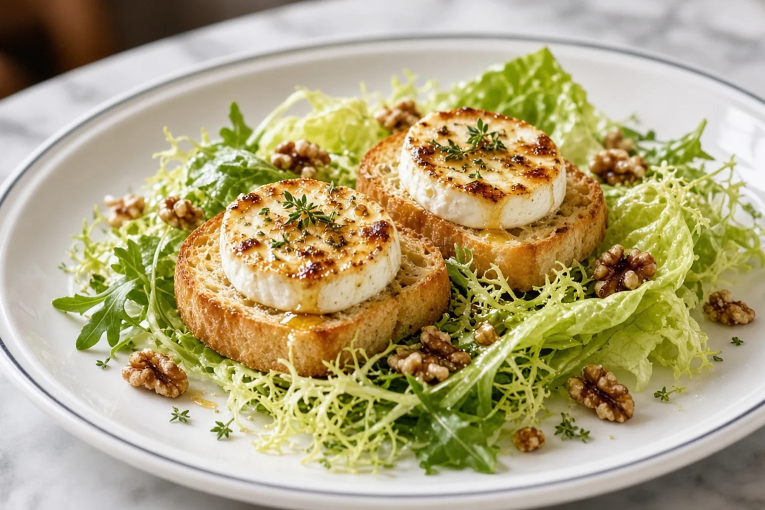 Illustrative photo of Warm Goat Cheese Toasts on Leaves with Walnuts & Honey