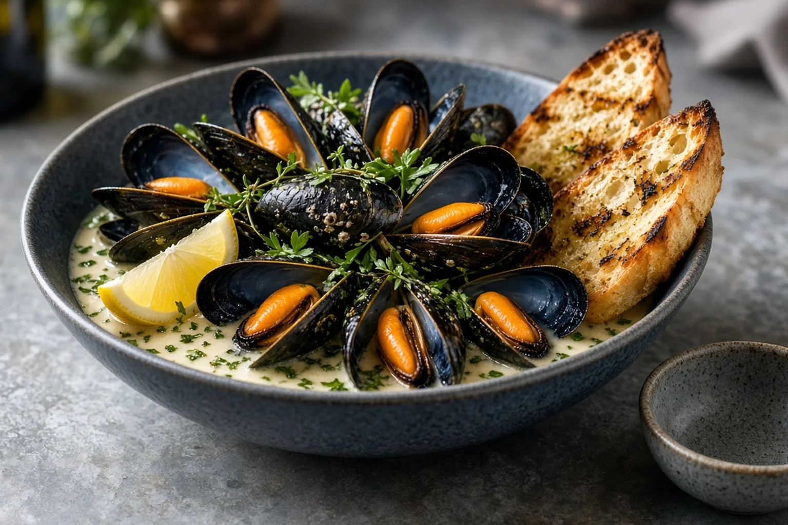 Illustrative photo of Mussels in White Wine, Garlic & Crème Fraîche with Grilled Baguette