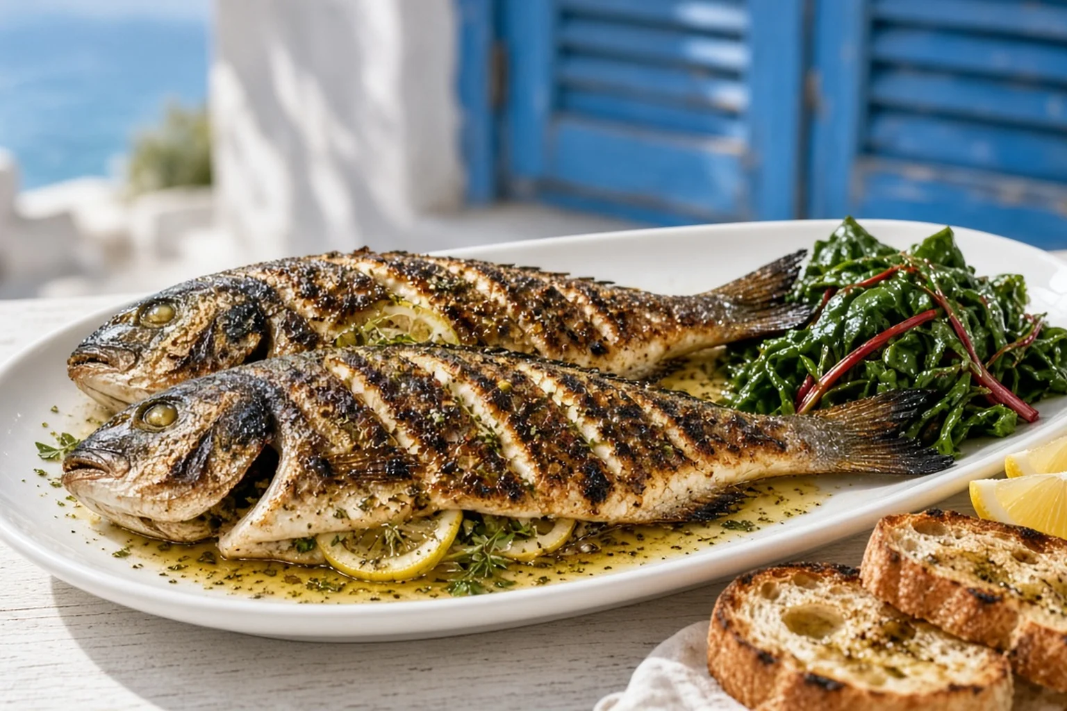 Illustrative photo of Whole Grilled Sea Bream with Ladolemono & Garlicky Greens