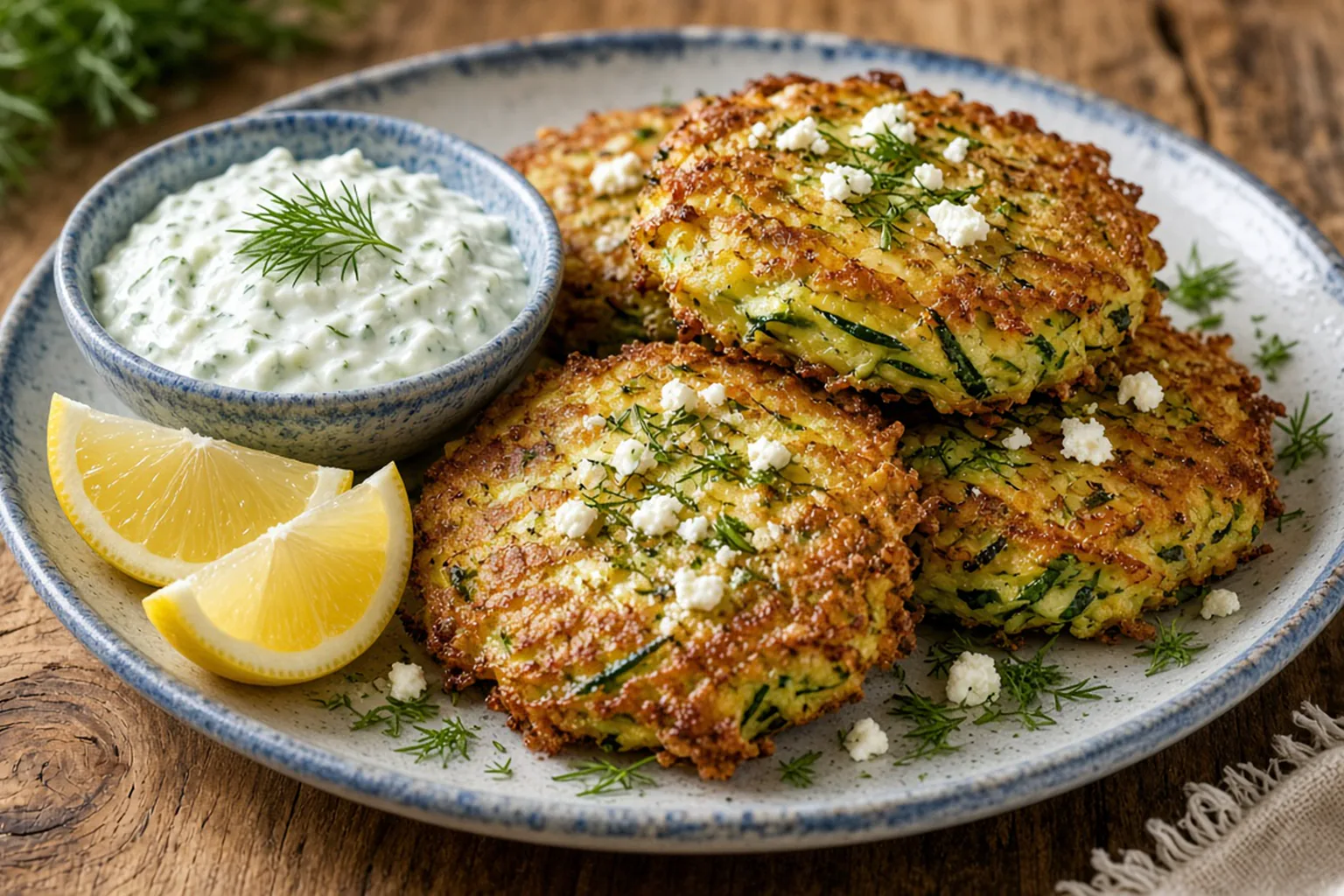 Illustrative photo of Crispy Zucchini & Herb Fritters with Garlic Tzatziki